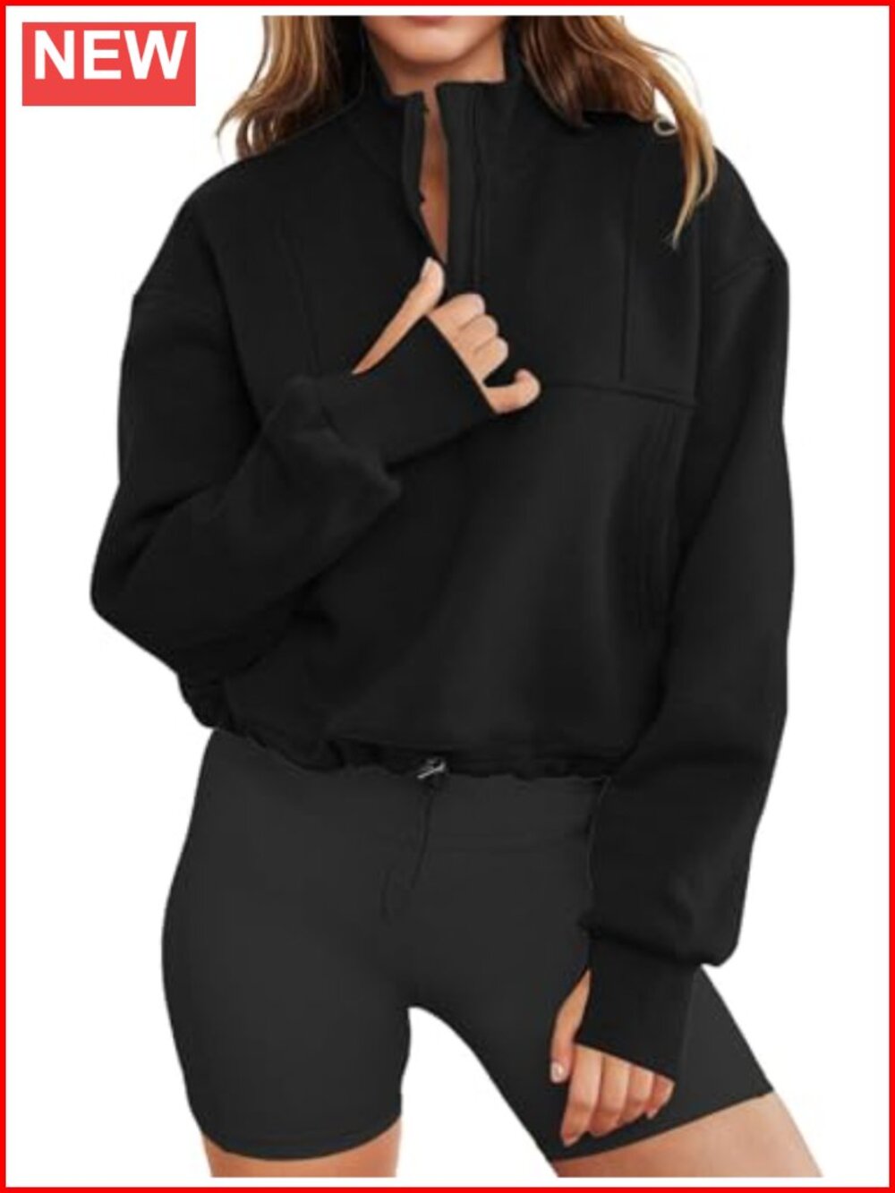 LEEDYA Women Long Sleeve Half Zip Crop Sweatshirt with Thumb Holes